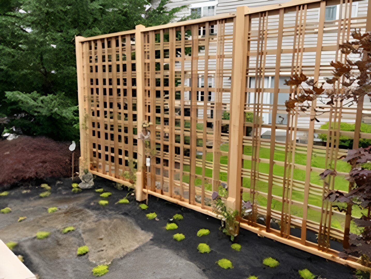 Backyard with lattice fence and greenery