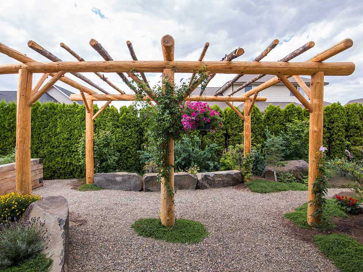 Wooden pergola in landscaped garden