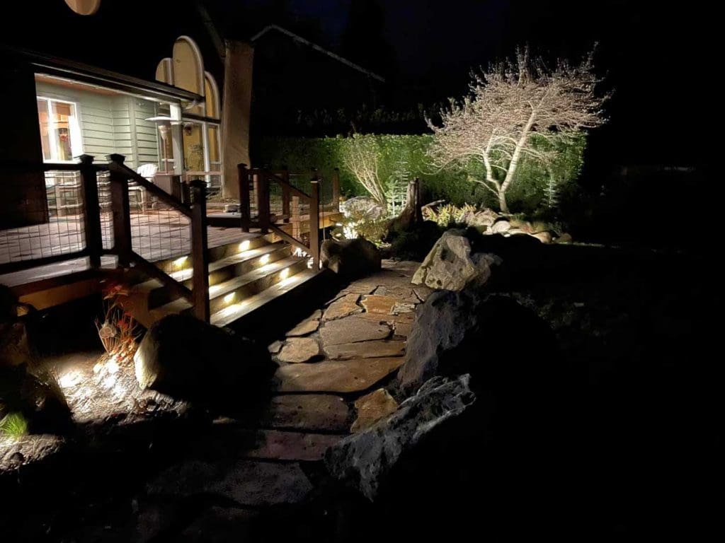 Cozy house entry with lit walkway