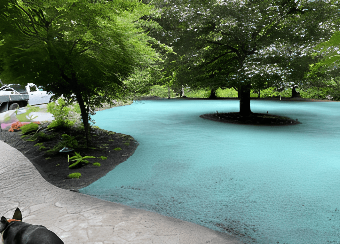 Unique turquoise grass in landscaped garden
