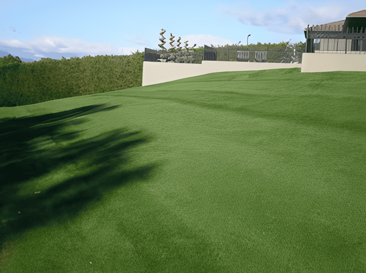 Lush grass field beside modern structure